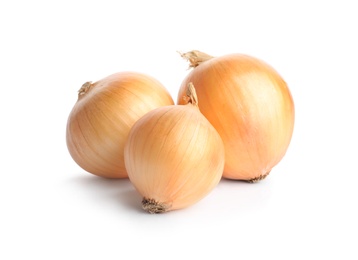 Photo of Fresh ripe onion bulbs on white background