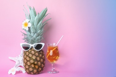 Image of Funny pineapple with cocktail, plumeria flowers and starfish on color background, space for text. Summer party