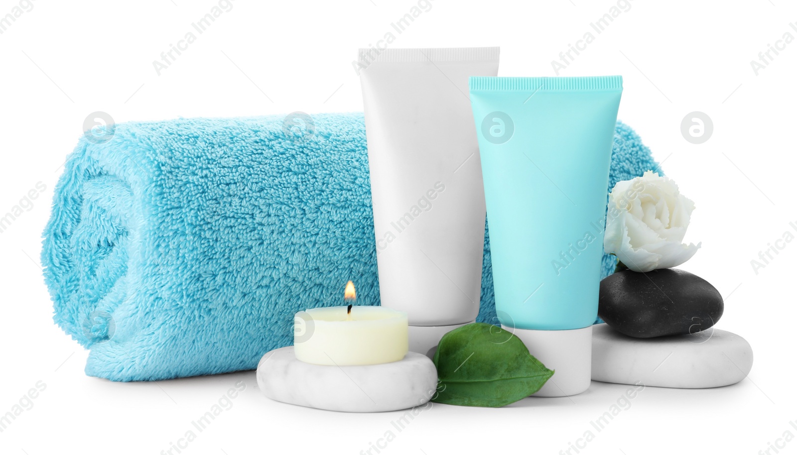 Photo of Composition with cosmetic products on white background