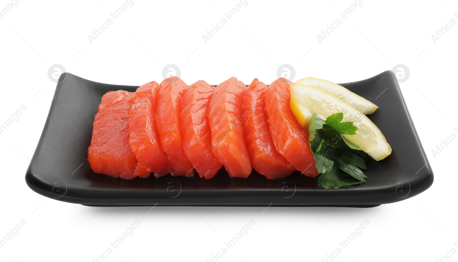 Photo of Delicious salmon sashimi served with lemon and parsley isolated on white