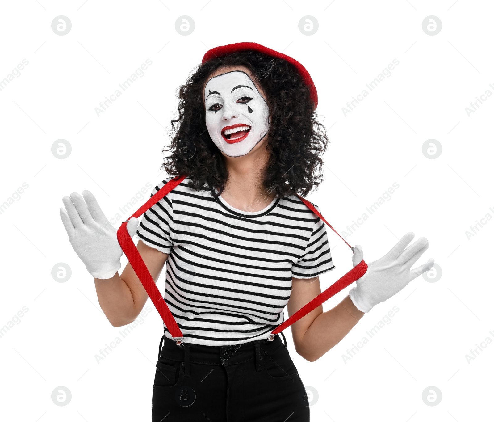 Photo of Funny mime with beret posing on white background