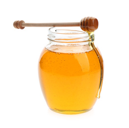 Fresh honey in jar and dipper on white background