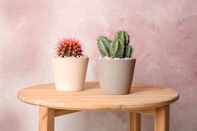 Beautiful cacti on table against color background