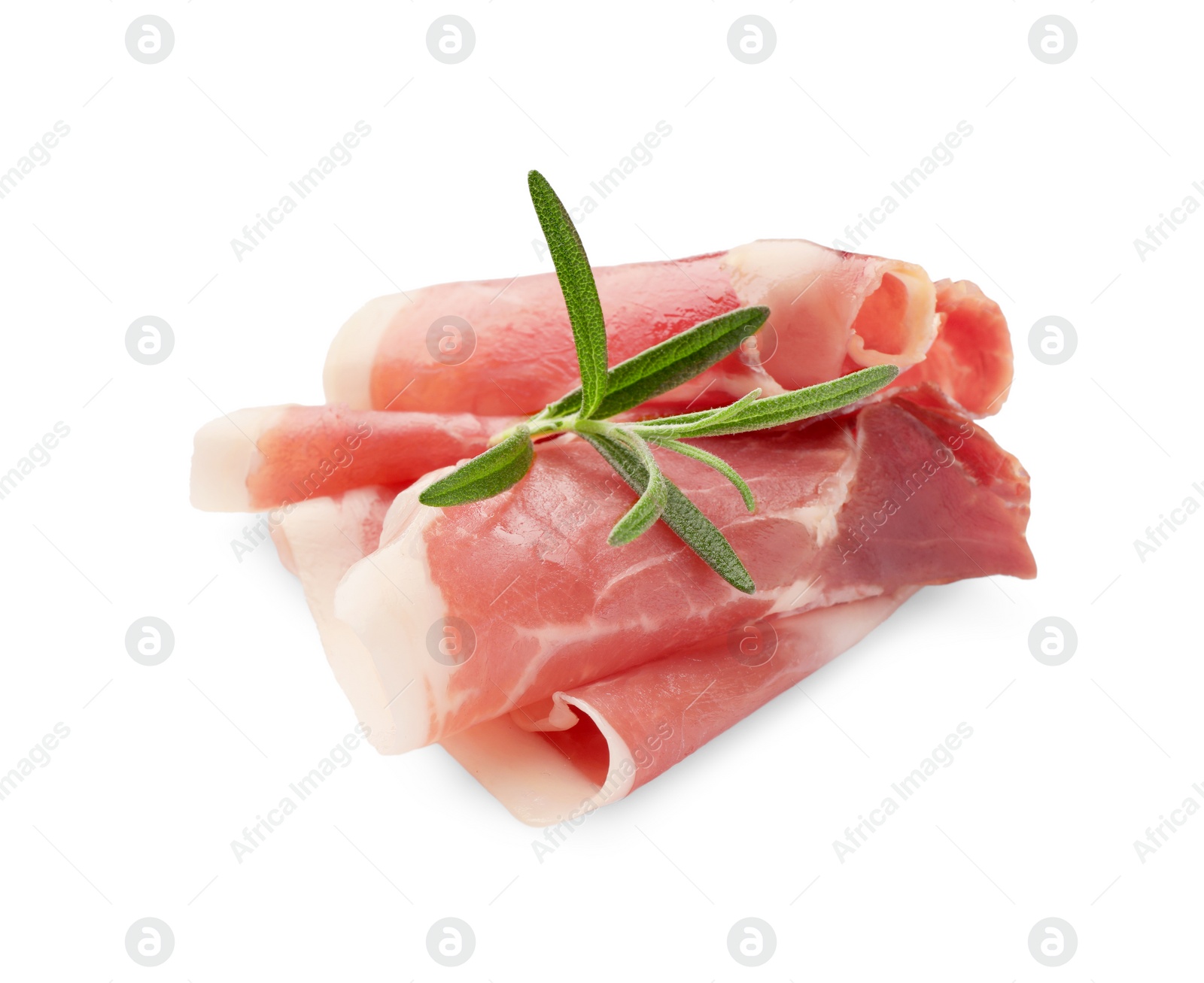 Photo of Slices of delicious jamon with rosemary on white background