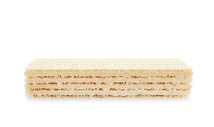 Photo of Delicious crispy wafer on white background. Sweet food