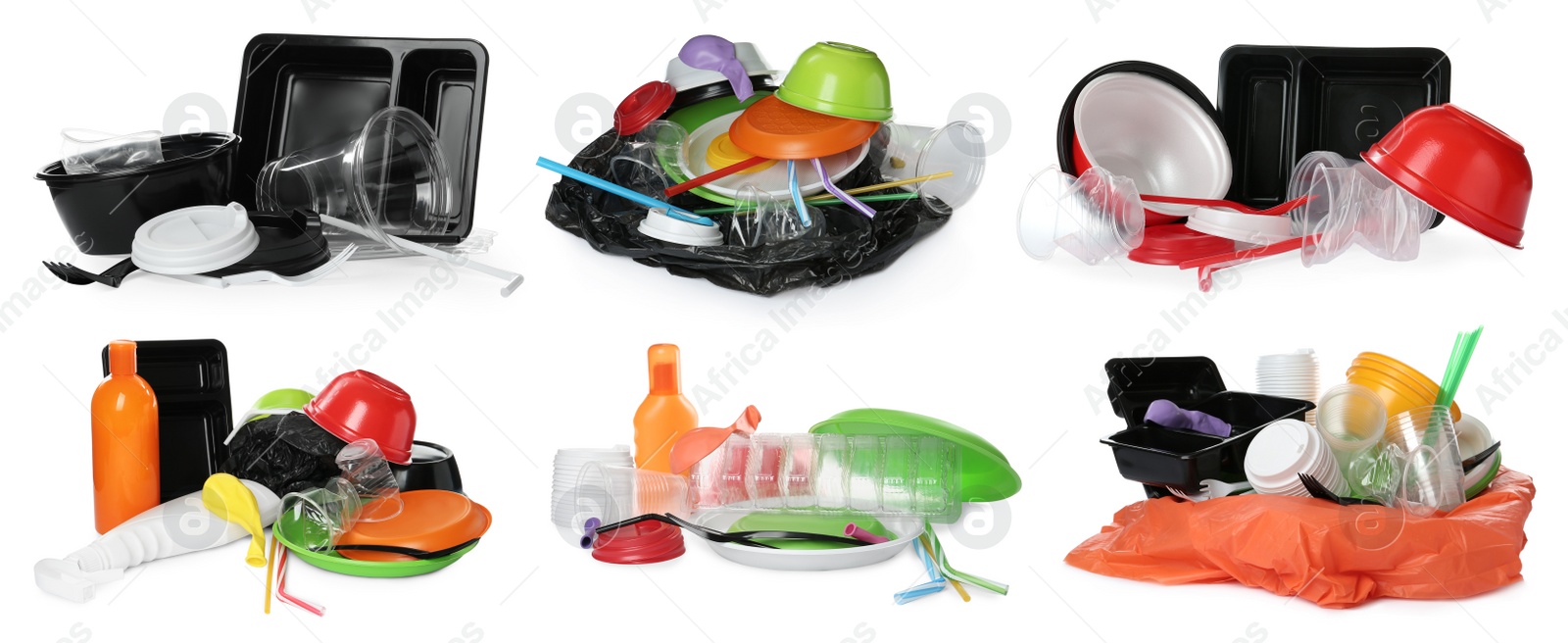 Image of Set with different plastic items on white background. Banner design