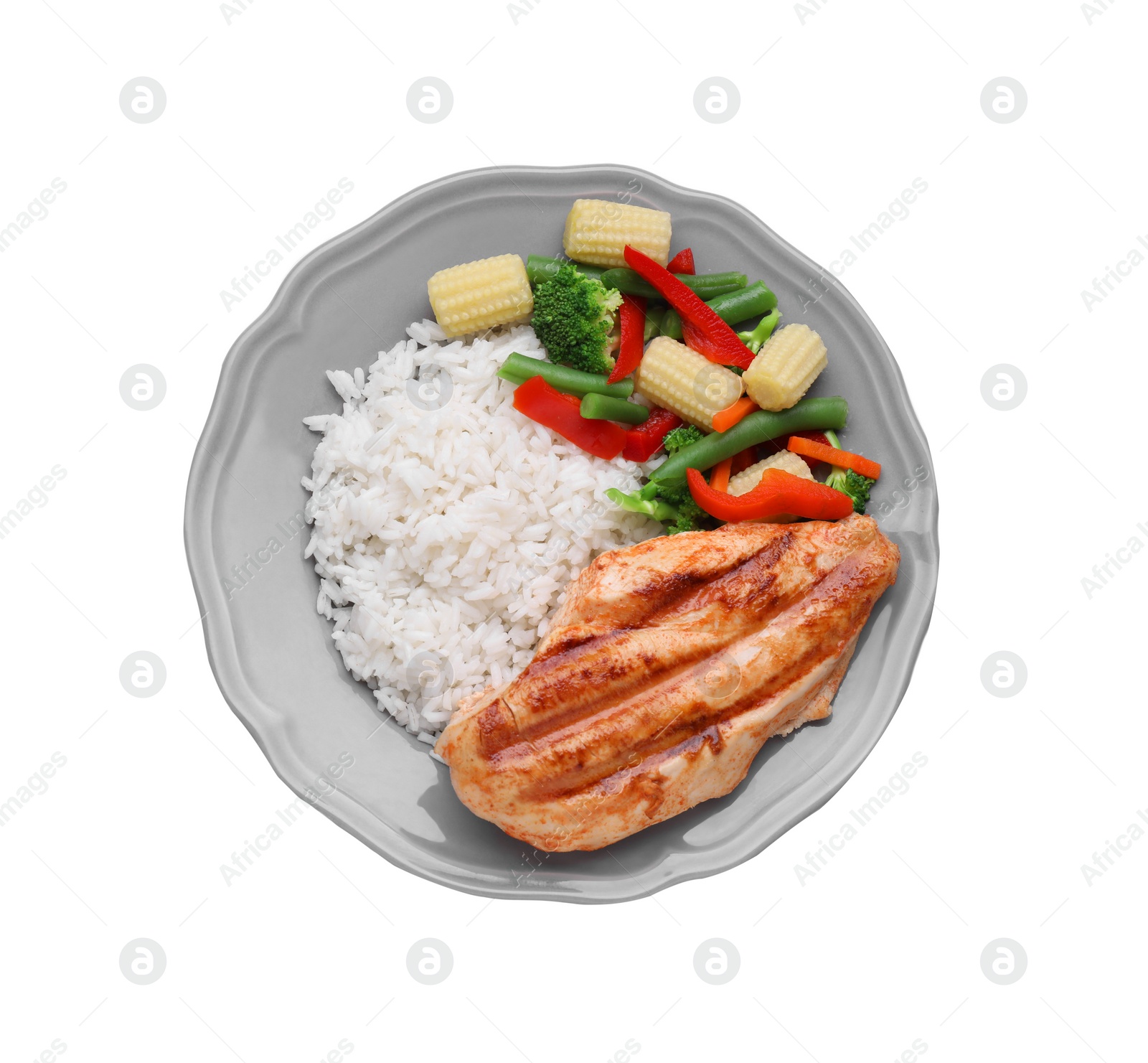 Photo of Plate with grilled chicken breast, rice and vegetables isolated on white, top view