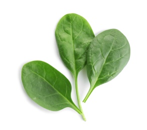 Photo of Fresh green leaves of healthy baby spinach on white background, top view