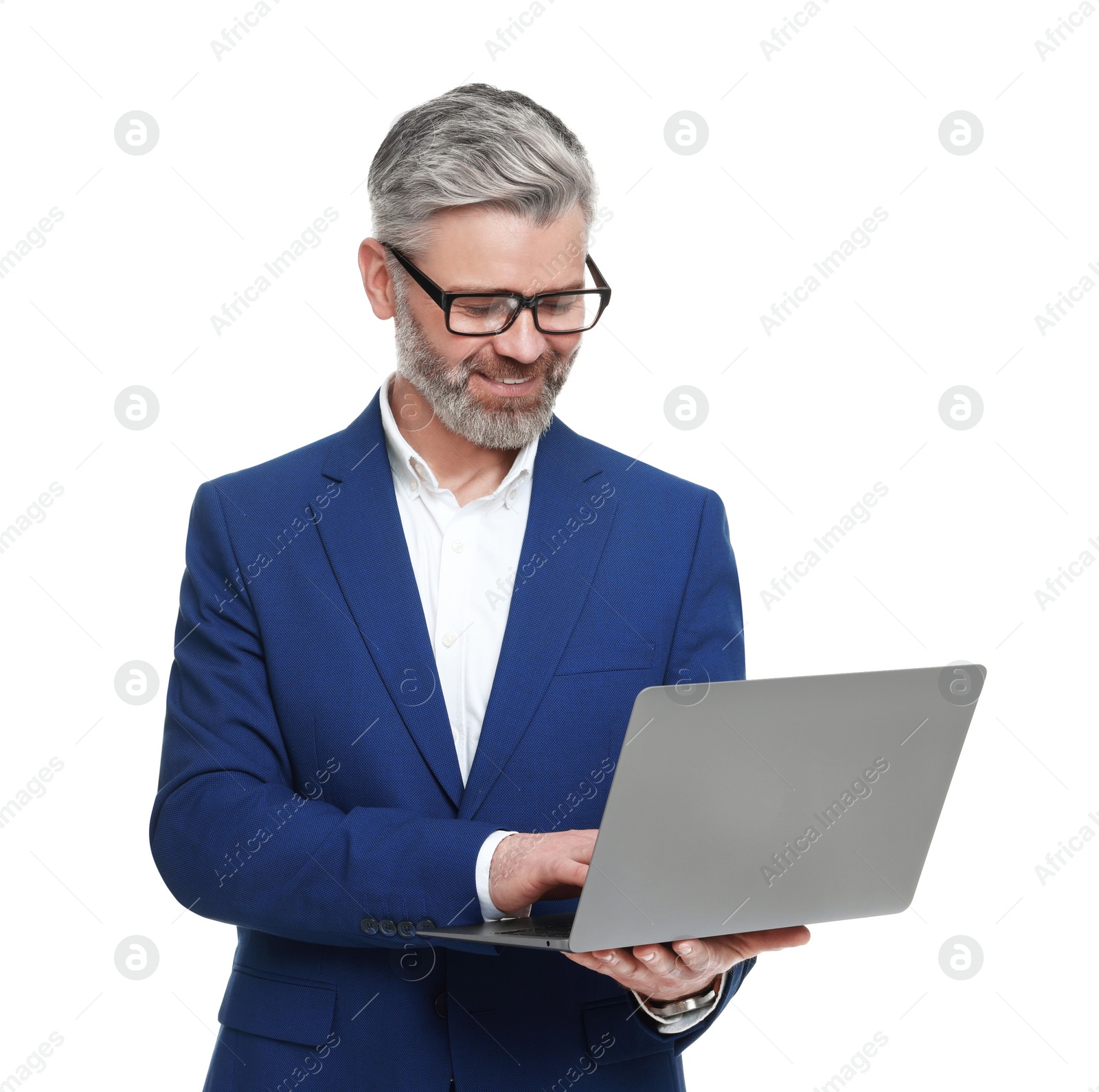 Photo of Mature businessman in stylish clothes with laptop on white background