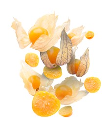 Ripe orange physalis fruits with calyx falling on white background