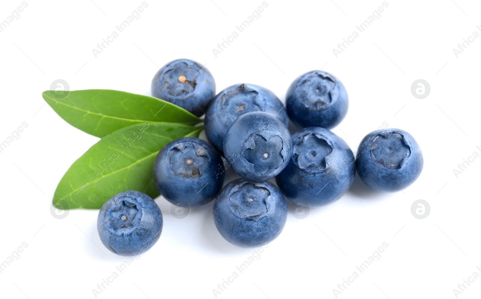 Photo of Fresh raw tasty blueberries with leaves isolated on white