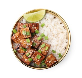 Bowl of rice with fried tofu and green onions isolated on white, top view