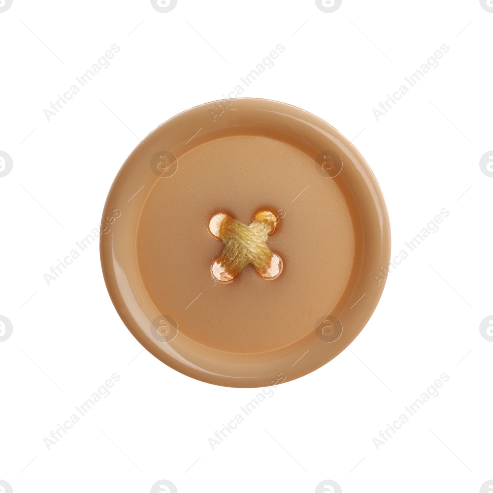 Photo of Beige plastic sewing button isolated on white, top view