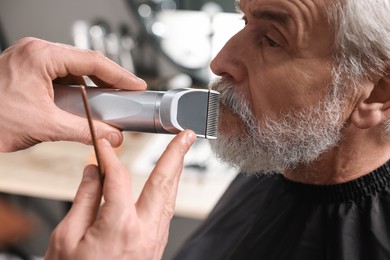 Professional barber trimming client's mustache in barbershop