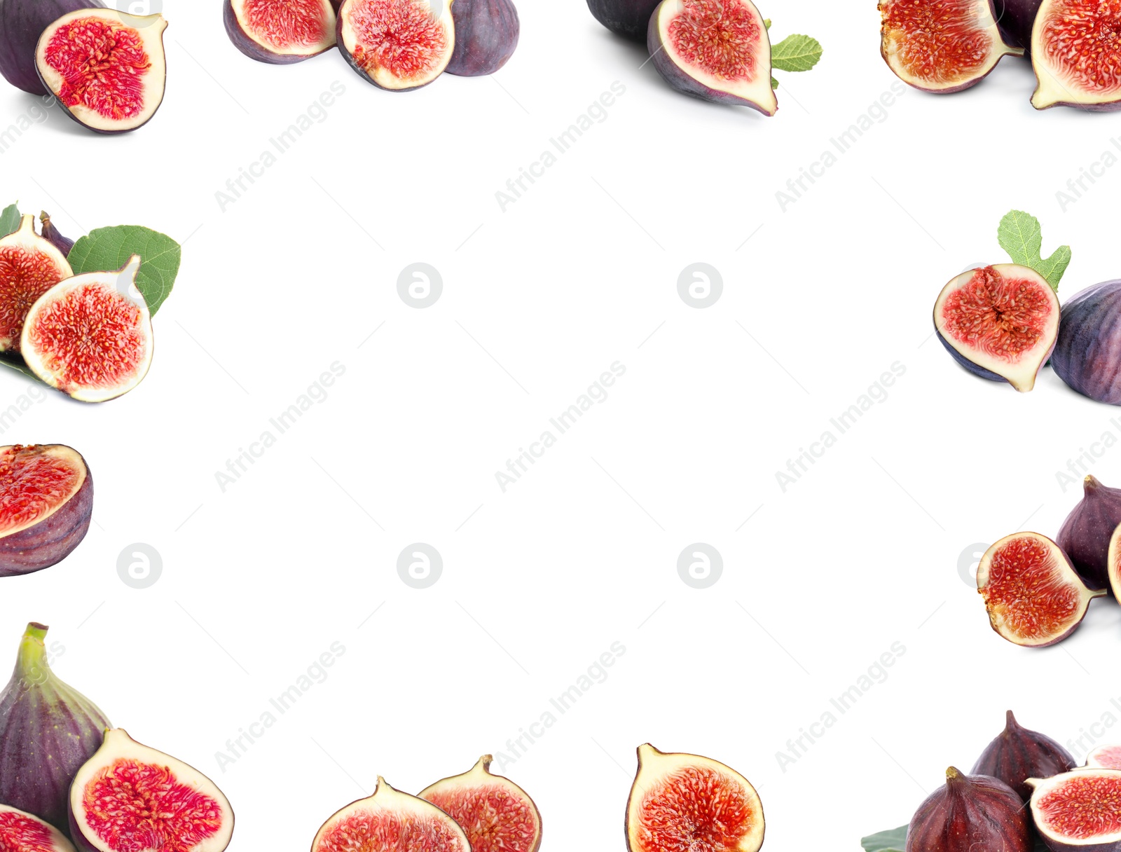 Image of Frame of ripe figs on white background