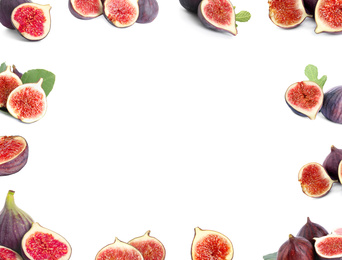 Frame of ripe figs on white background
