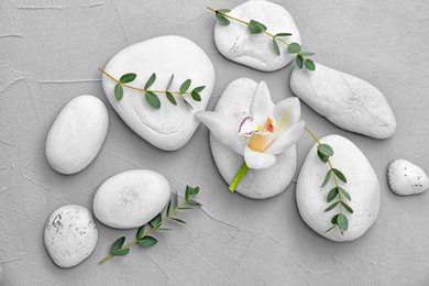 Photo of Spa stones and beautiful flower on light background