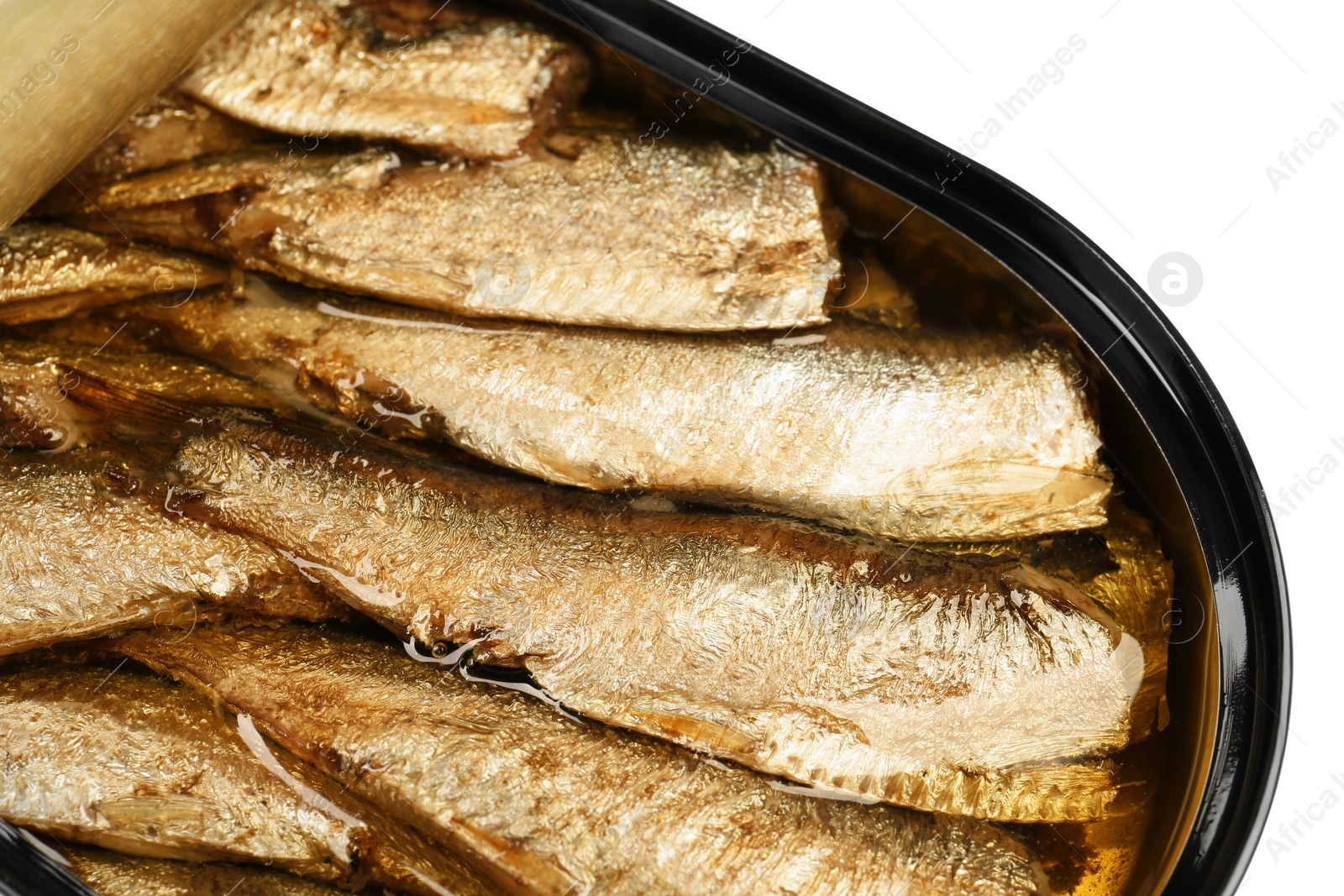 Photo of One tin can of sprats isolated on white, top view