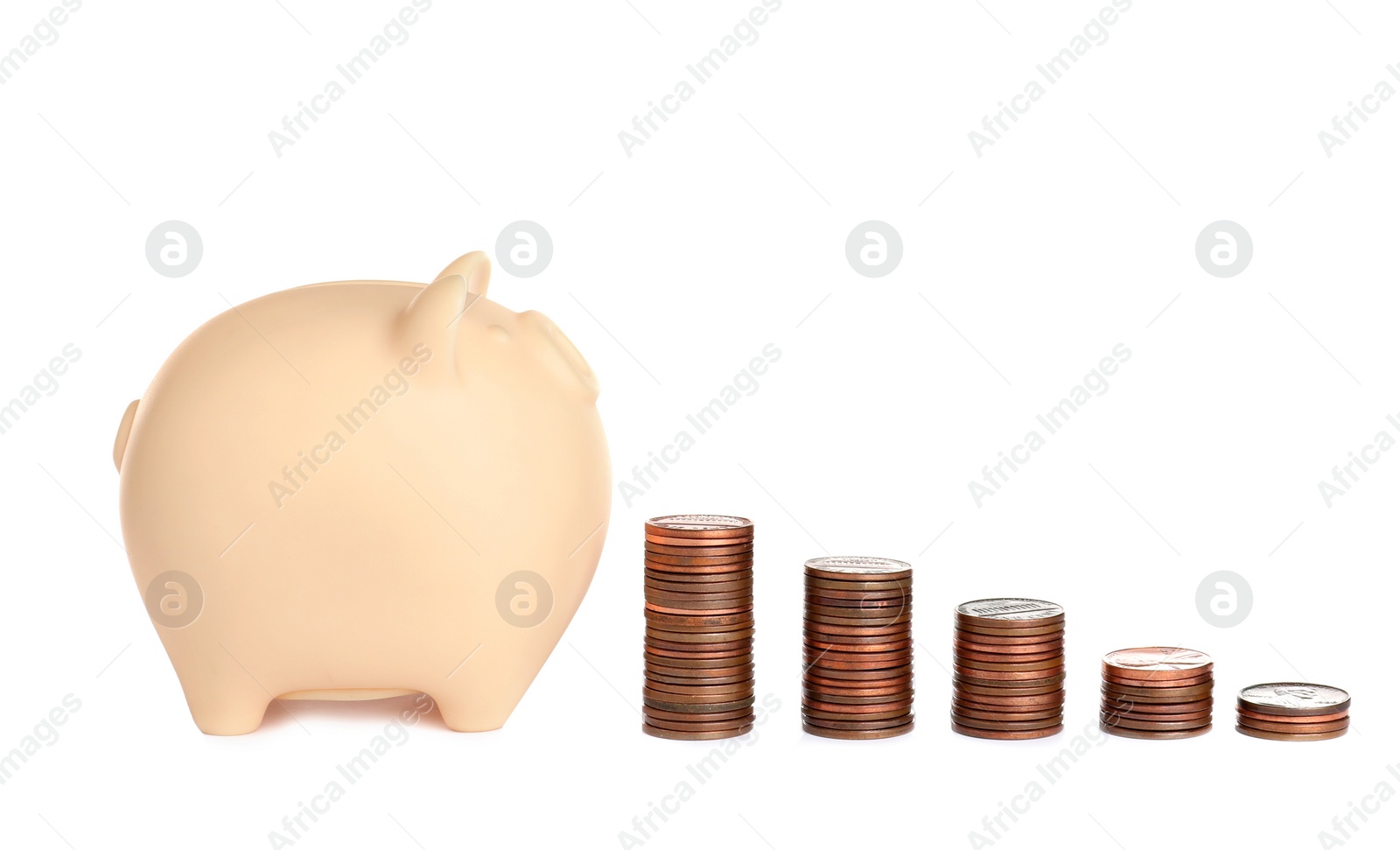 Photo of Piggy bank and different height coin stacks on white background. Space for text