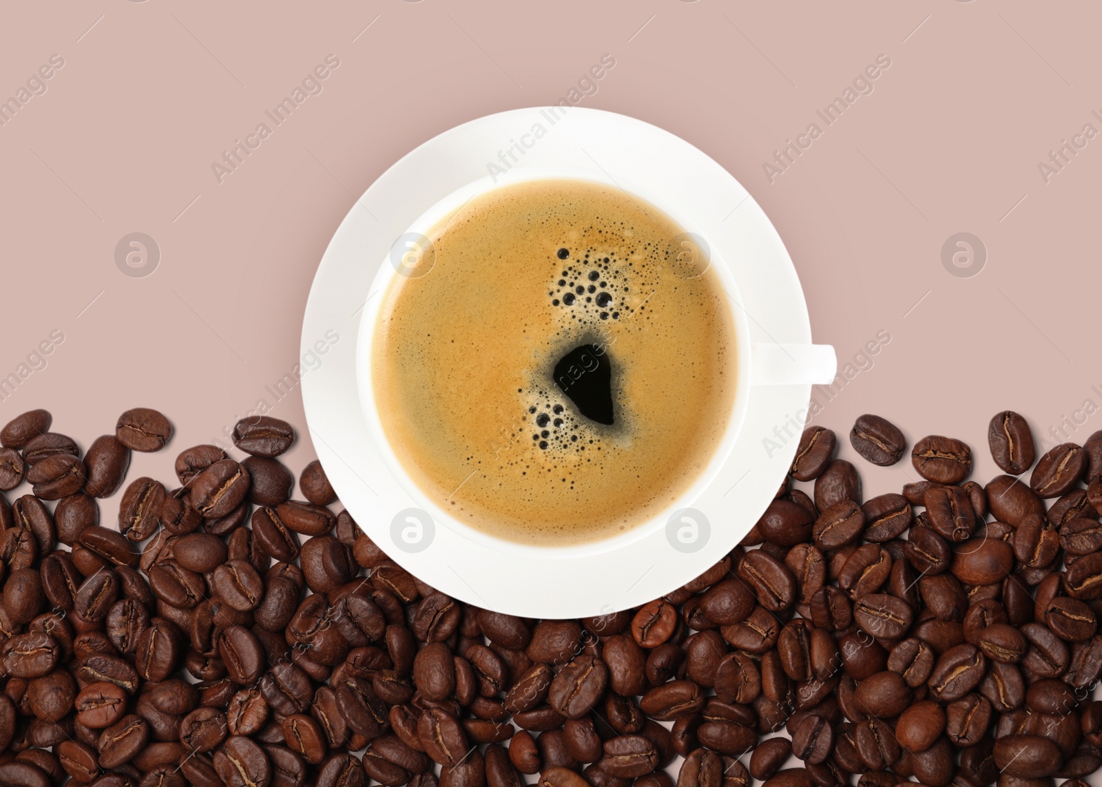 Image of Cup of tasty espresso and roasted coffee beans on beige background, flat lay
