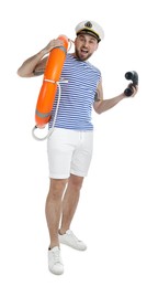 Sailor with binoculars and ring buoy on white background