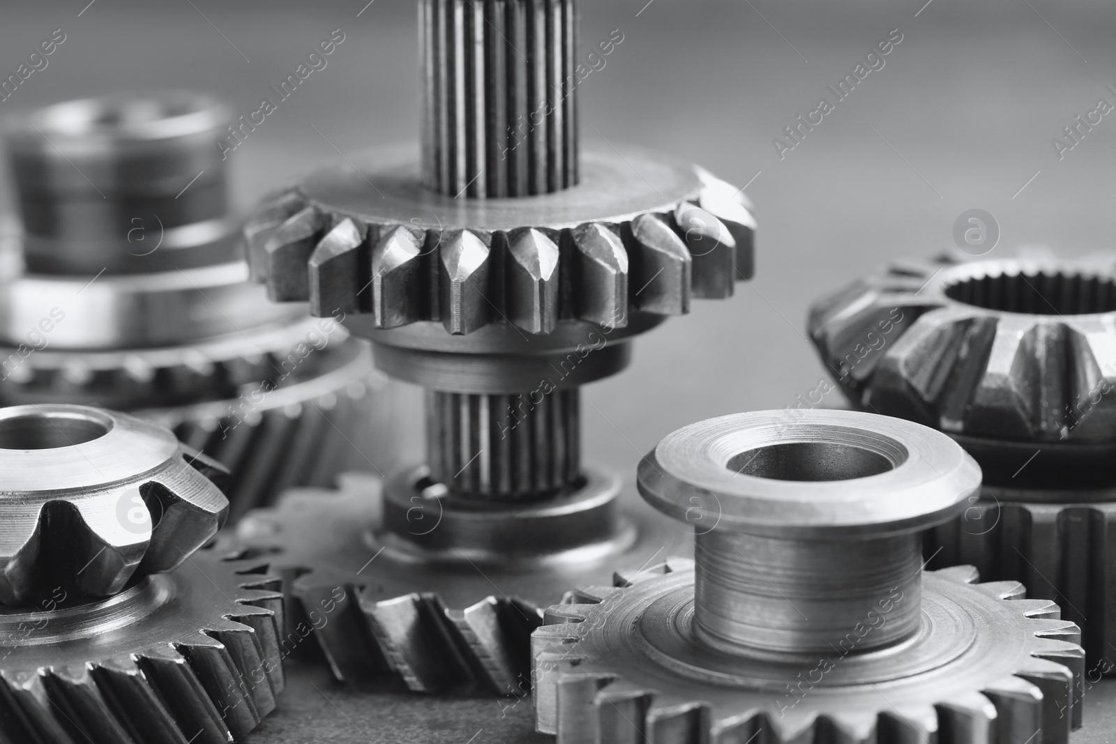 Photo of Different stainless steel gears on light grey background, closeup