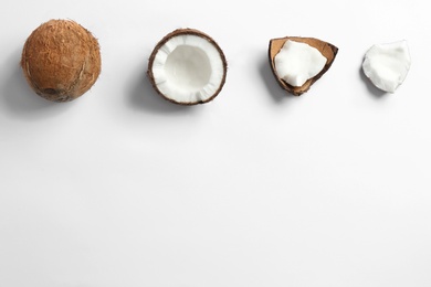 Photo of Composition with coconuts on white background, top view