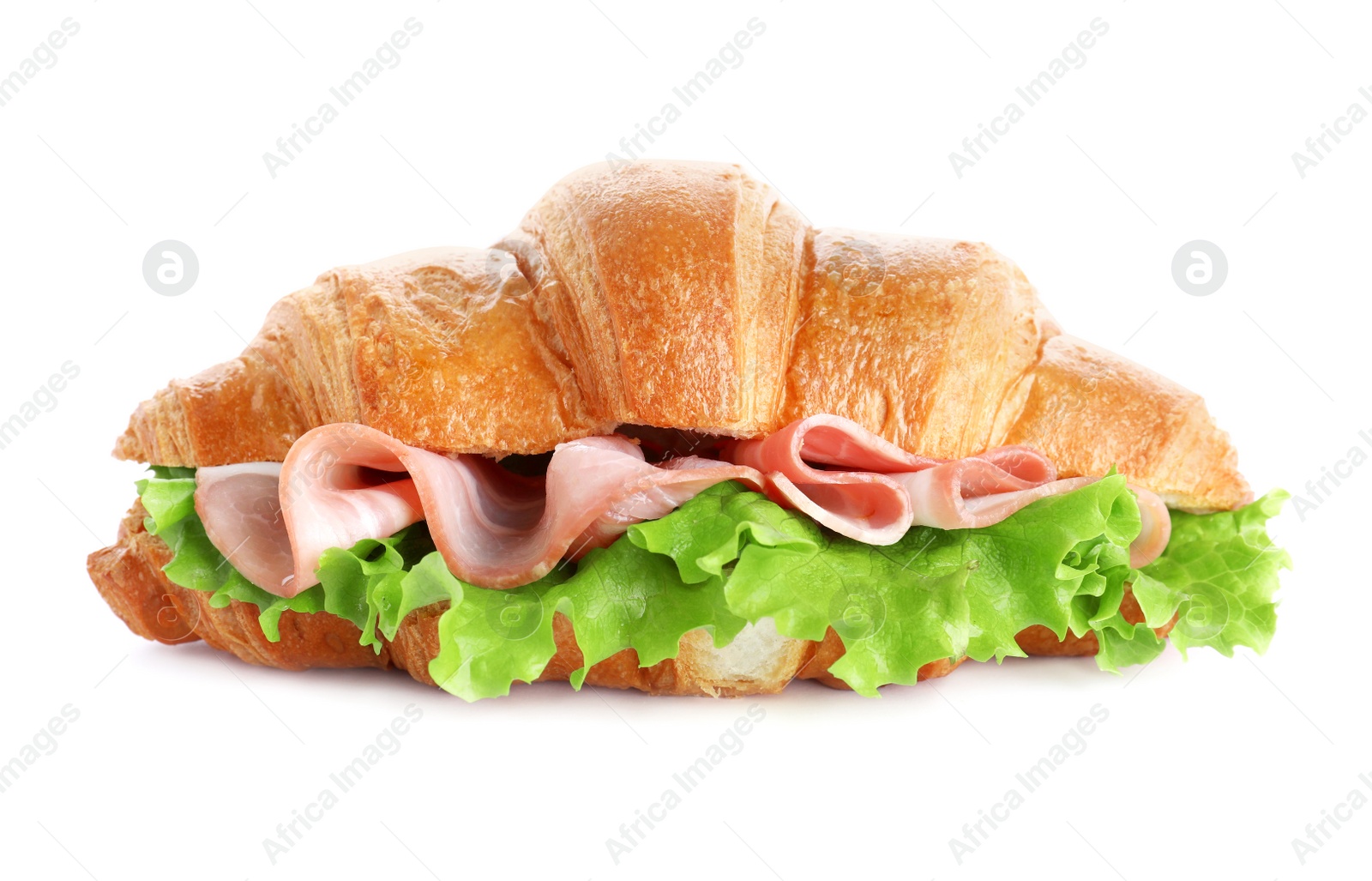 Photo of Tasty croissant sandwich with ham isolated on white