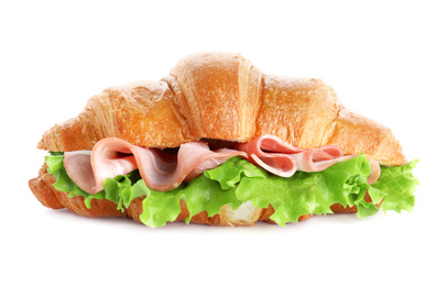 Tasty croissant sandwich with ham isolated on white