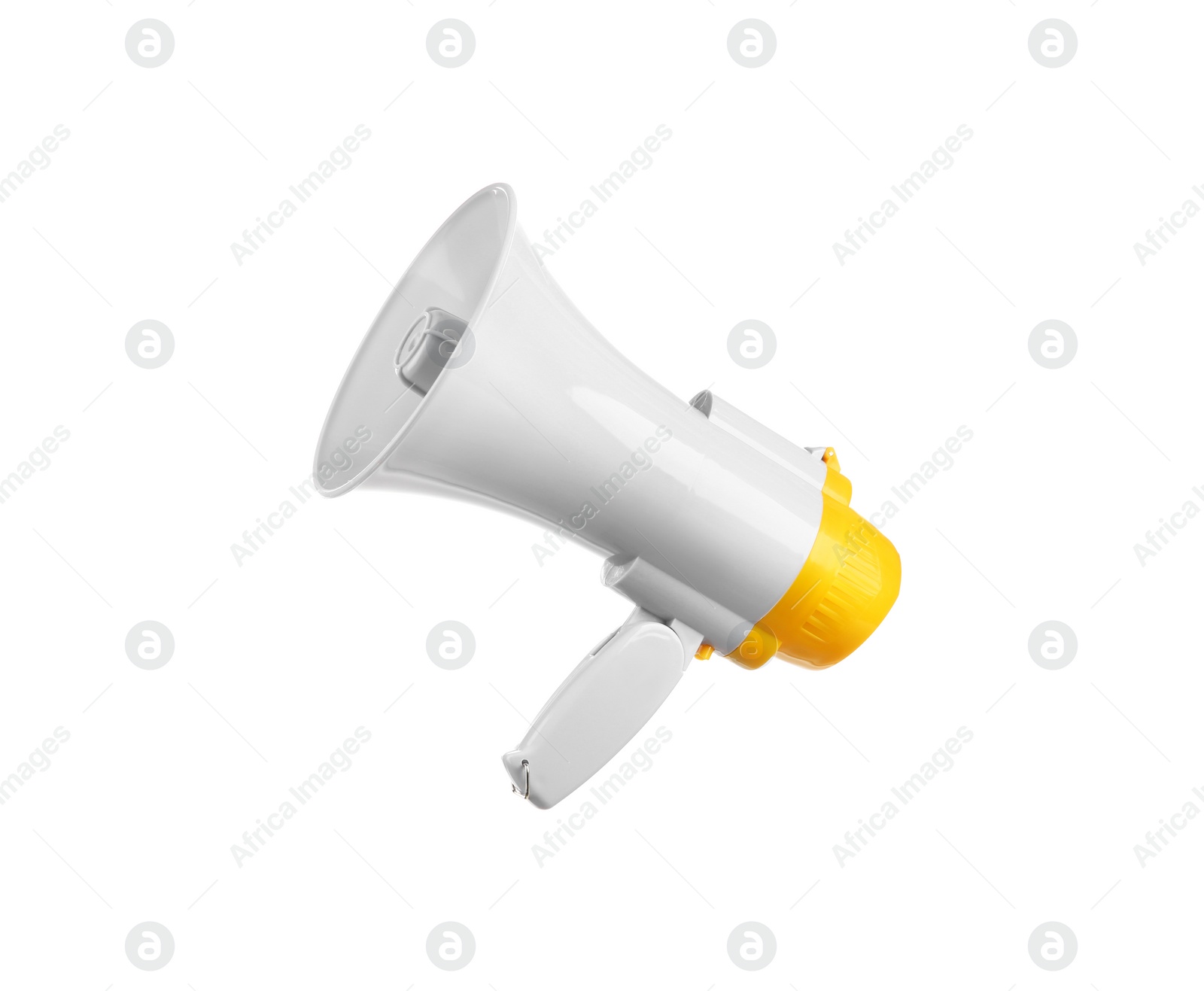 Photo of Electronic megaphone on white background. Loud-speaking device