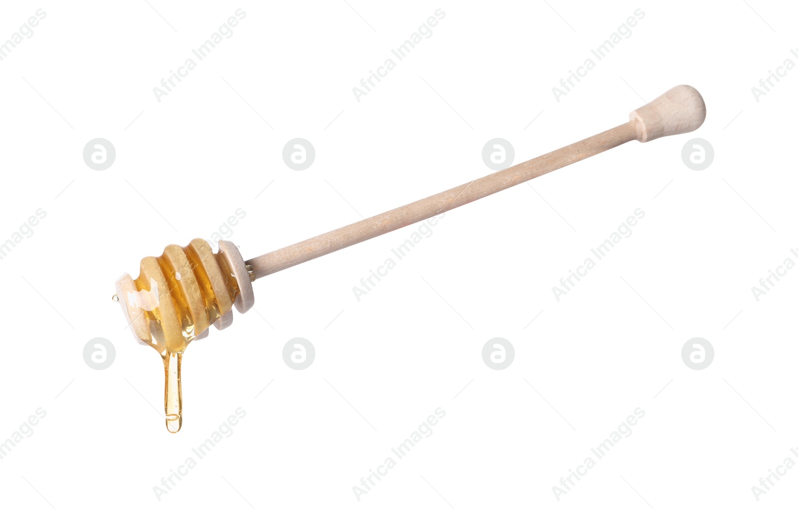 Photo of Fresh honey dripping from dipper on white background