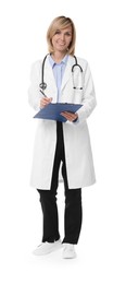 Smiling doctor with clipboard on white background