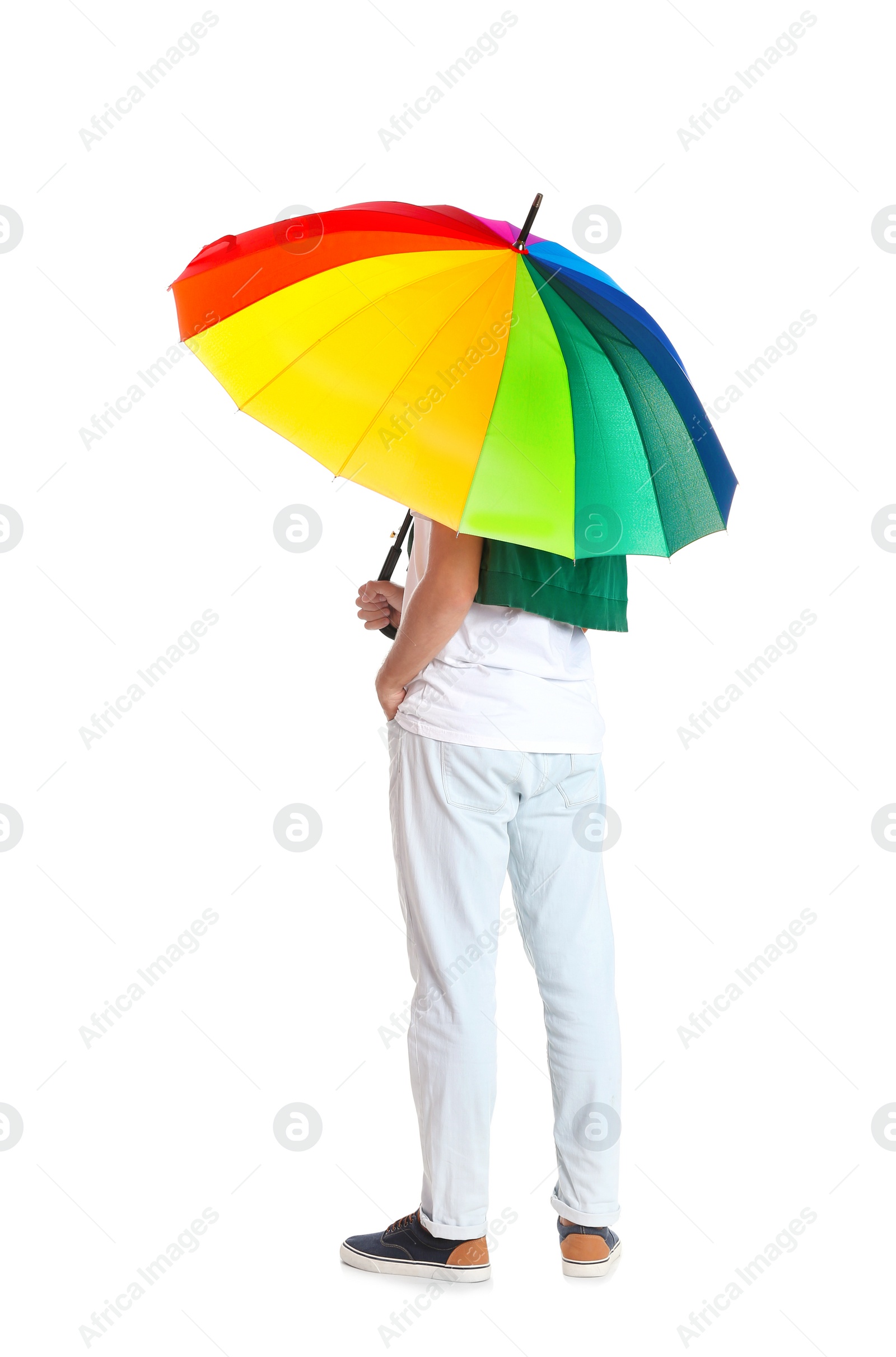 Photo of Man with rainbow umbrella on white background