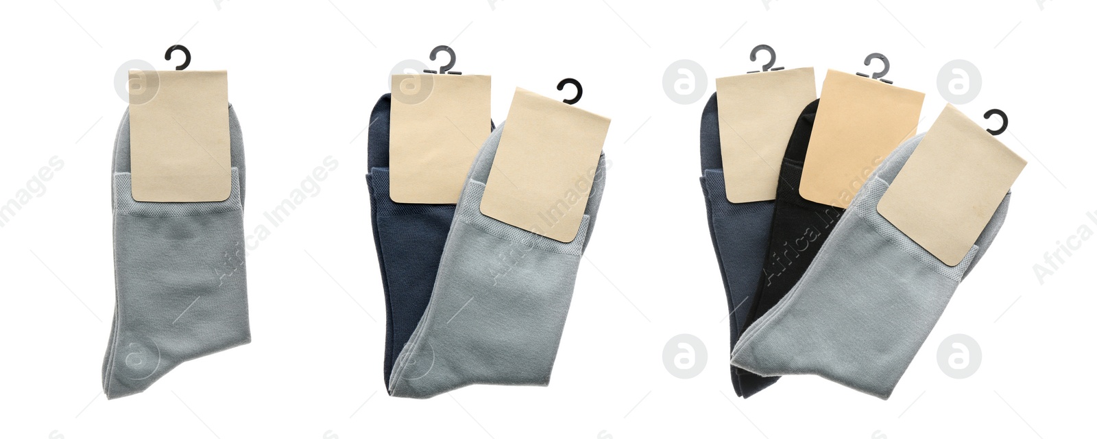 Image of Pairs of cotton socks with blank labels on white background, collage. Banner design