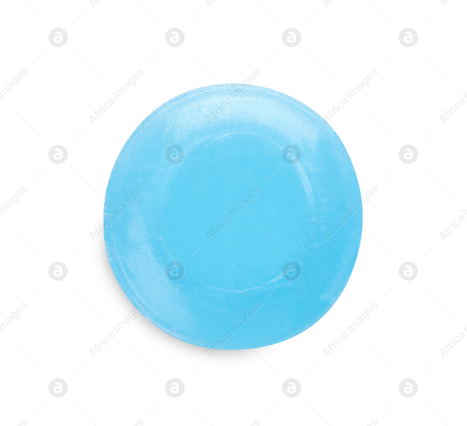 Photo of One light blue cough drop isolated on white, top view