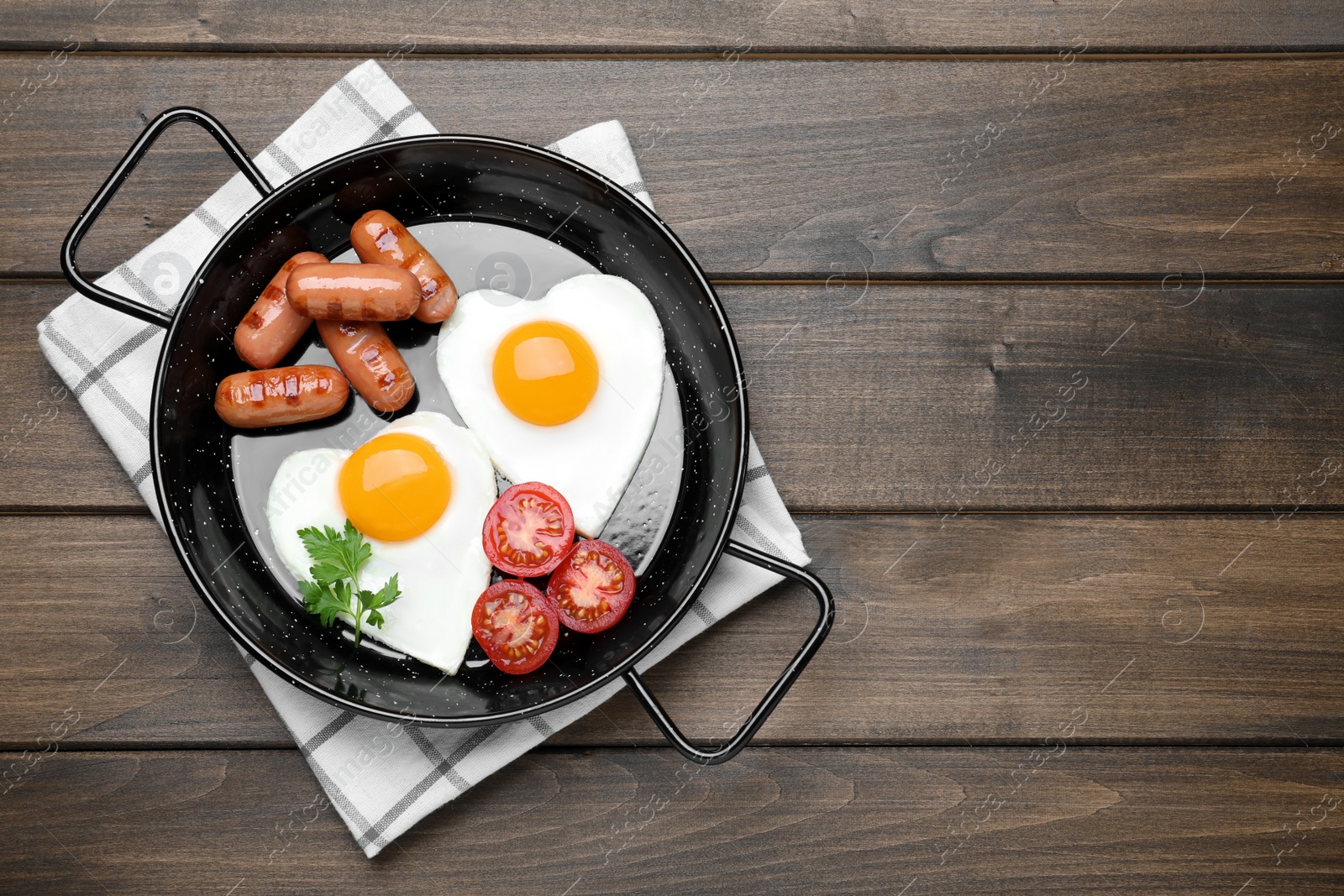 Photo of Romantic breakfast on wooden table, top view with space for text. Valentine's day celebration