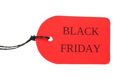 Photo of Red tag with words BLACK FRIDAY isolated on white