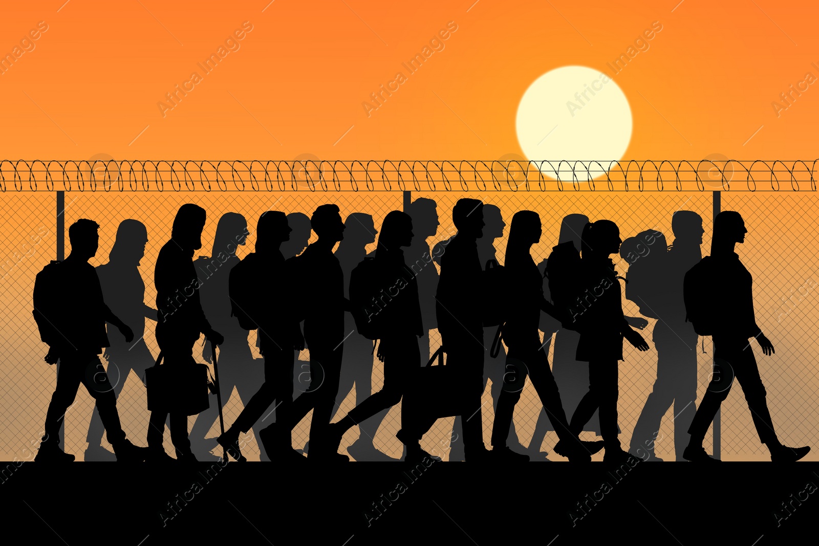 Image of Immigration. Silhouettes of people walking along perimeter fence with barbed wire on top at sunset, illustration
