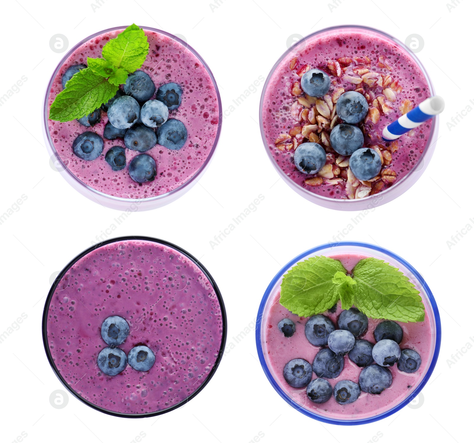 Image of Set with delicious blueberry smoothies on white background, top view