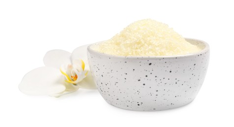 Photo of Sea salt in bowl and flower isolated on white