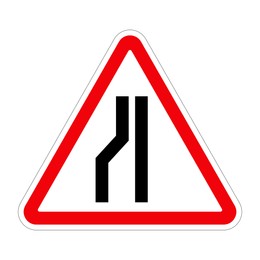 Traffic sign ROAD NARROWS ON LEFT on white background, illustration 