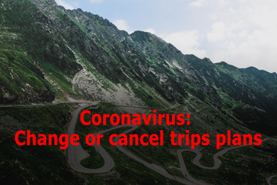Image of Trips cancellation during coronavirus quarantine. Landscape with mountains and winding road