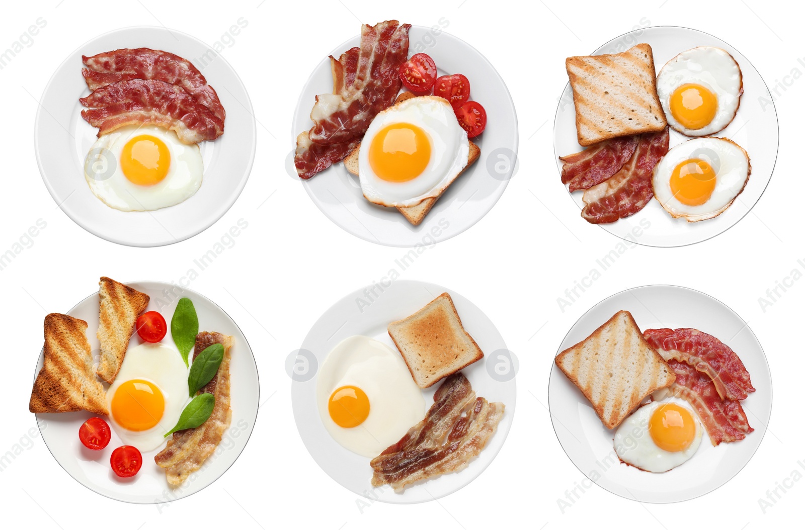 Image of Set with tasty fried eggs, bacon, bread and tomatoes on white background, top view