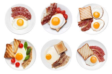 Image of Set with tasty fried eggs, bacon, bread and tomatoes on white background, top view