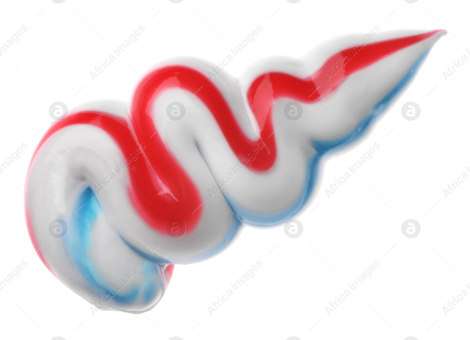 Photo of Smear of colorful toothpaste isolated on white, top view