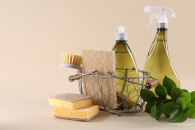 Bottles of cleaning product, sponges, brush and floral decor on beige background. Space for text