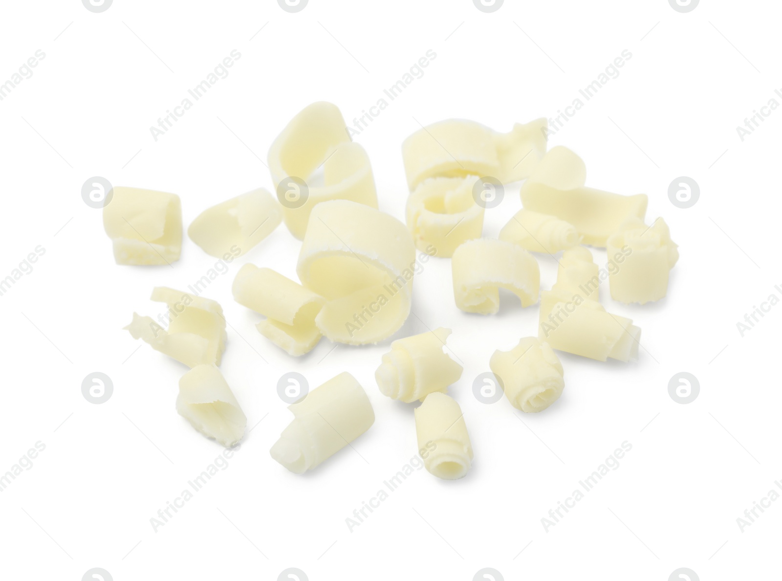 Photo of Many tasty chocolate shavings isolated on white