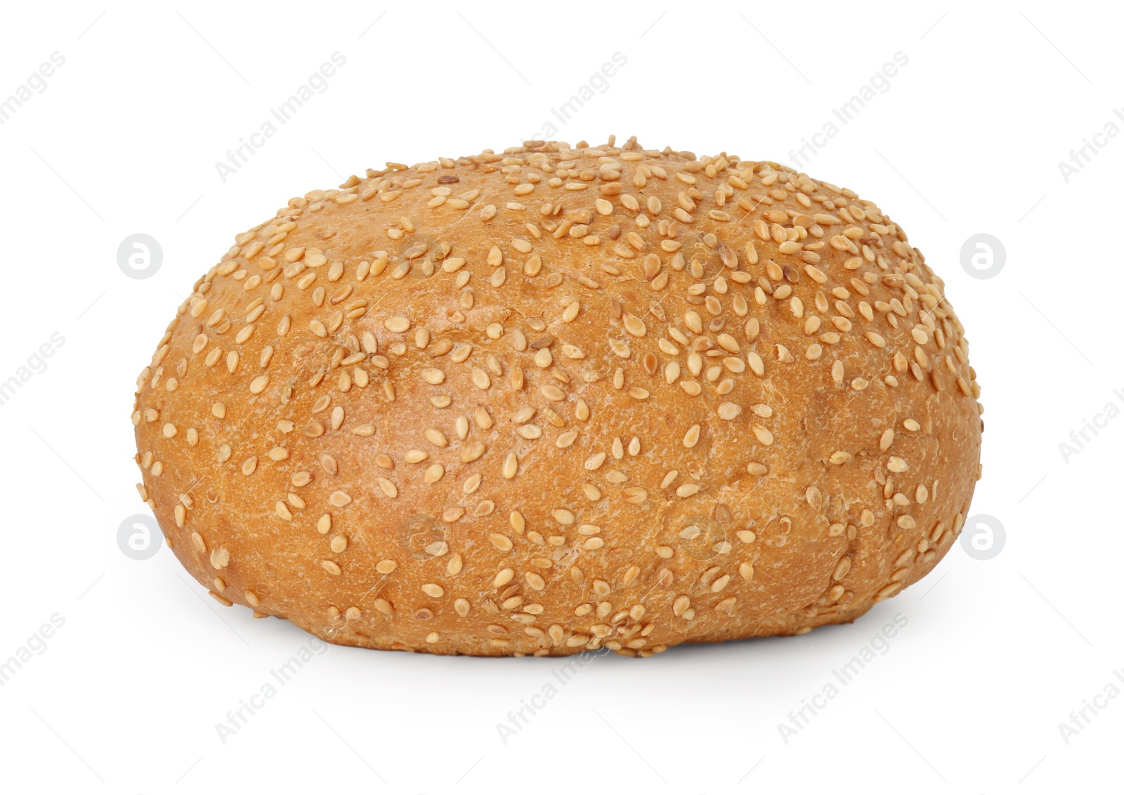 Photo of One fresh hamburger bun with sesame seeds isolated on white