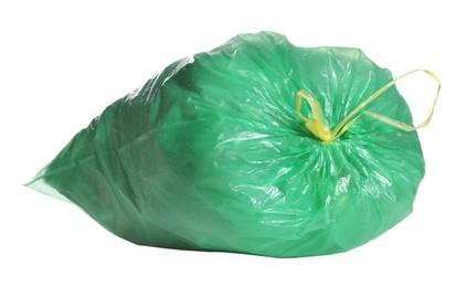 Green trash bag full of garbage isolated on white