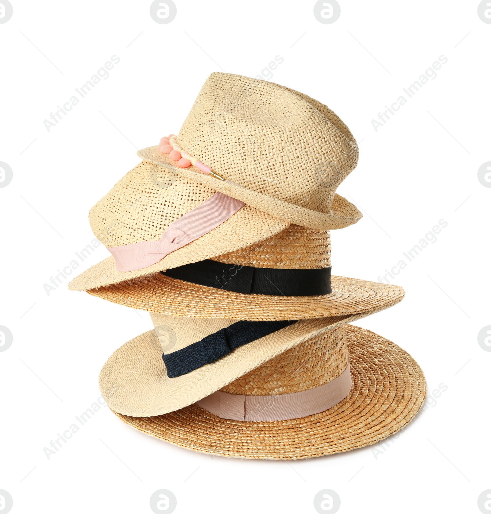 Photo of Many different stylish straw hats on white background